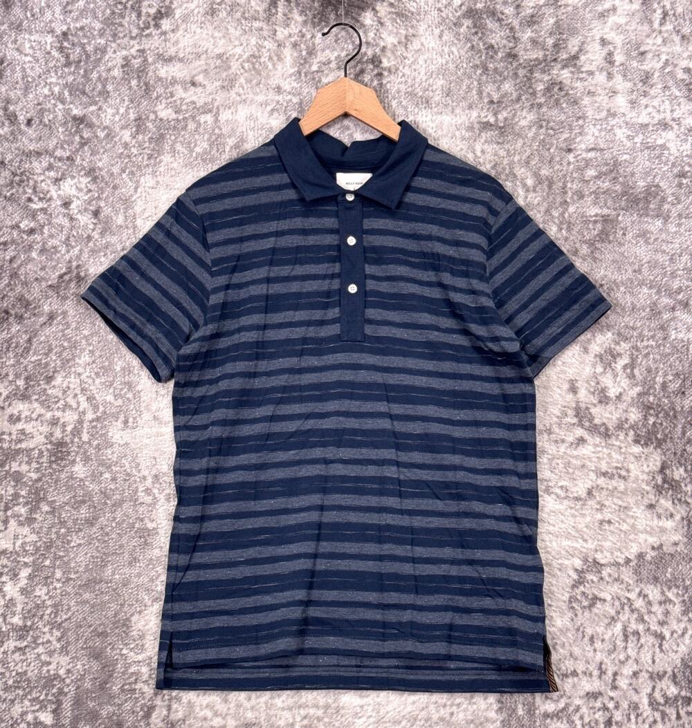 New Billy Reid Polo Shirt Large Mens Blue Striped Short Sleeve